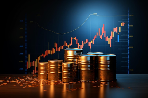 Le graphique du prix du pétrole avec un baril 3D et une flèche de croissance symbolise la dynamique du marché