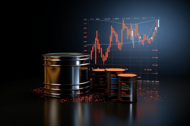 Le graphique du prix du pétrole avec un baril 3D et une flèche de croissance symbolise la dynamique du marché