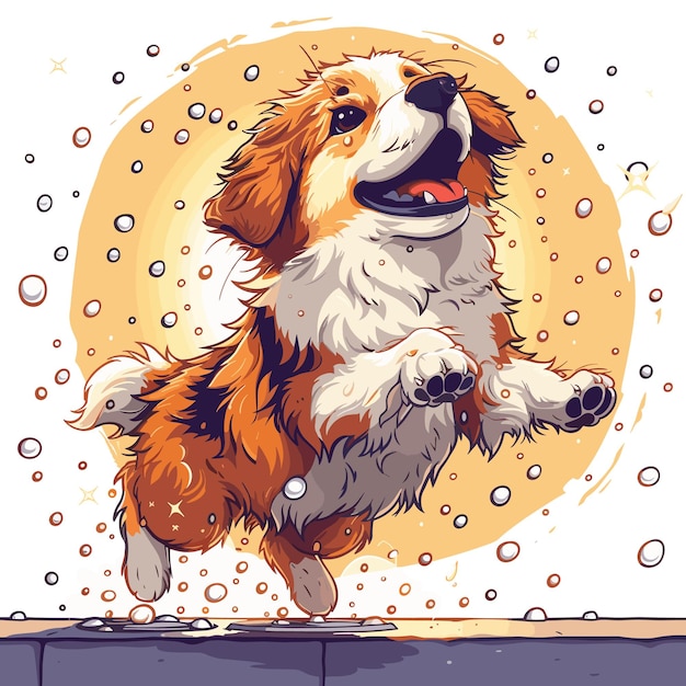 Un graphique énergique d'un chien sautant dans un arroseur pour se rafraîchir par une chaude journée d'été avec de l'eau