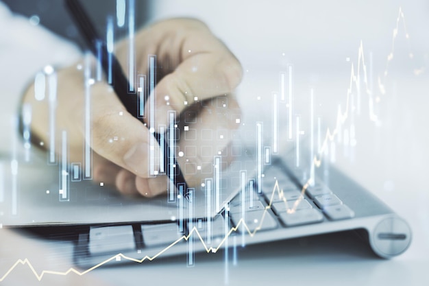 Graphique financier créatif abstrait avec écriture à la main dans un cahier sur fond forex et concept d'investissement