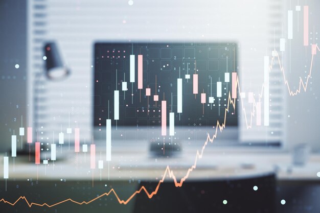 Graphique financier créatif abstrait sur fond d'ordinateur portable moderne forex et concept d'investissement Multiexposition