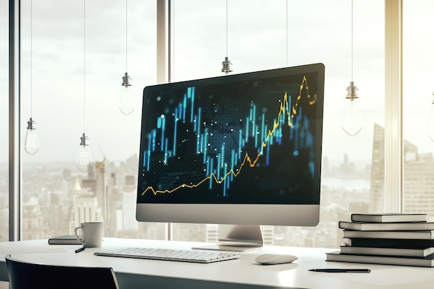 Graphique financier créatif abstrait sur le forex de moniteur d'ordinateur portable moderne et le concept d'investissement Rendu 3D