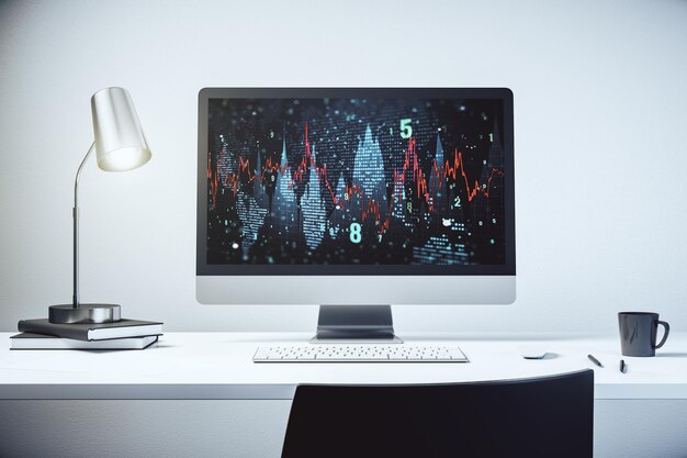Graphique financier créatif abstrait sur le moniteur d'ordinateur portable moderne forex et concept d'investissement rendu 3D