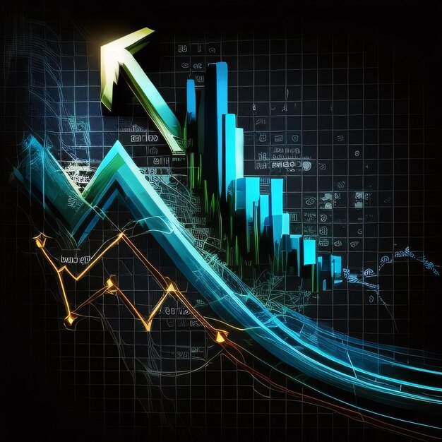 graphique financier avec flèche vers le haut dans le fond sombre rendu 3D