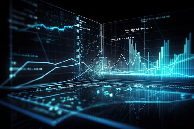 Le graphique financier et le graphique sur l'écran virtuel représentent l'analyse du marché boursier Les graphiques financiers les lignes et les diagrammes brillants sur l'écran numérique générés par l'IA