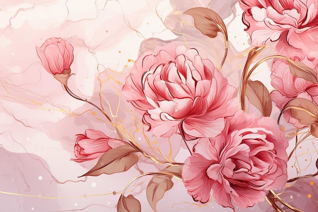 Graphique Gold line art roses toile demi-goutte motif répété sur fond d'aspect aquarelle rose pâle marbré