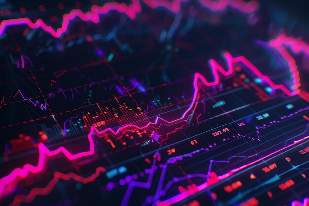 Un graphique avec des lignes rouges et violettes qui sont partout