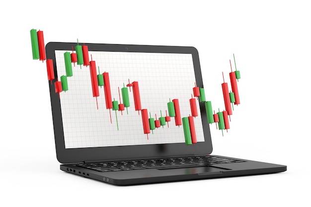 Graphique de modèle de chandeliers financiers de trading vert et rouge devant un ordinateur portable moderne sur fond blanc rendu 3d