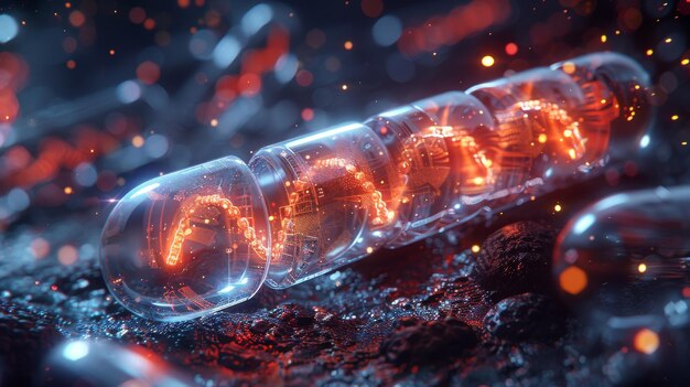 Photo graphique montrant un adn futuriste abstrait à l'intérieur d'une pilule transparente réaliste