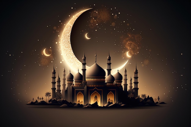 Un graphique d'une mosquée avec la lune et les étoiles.