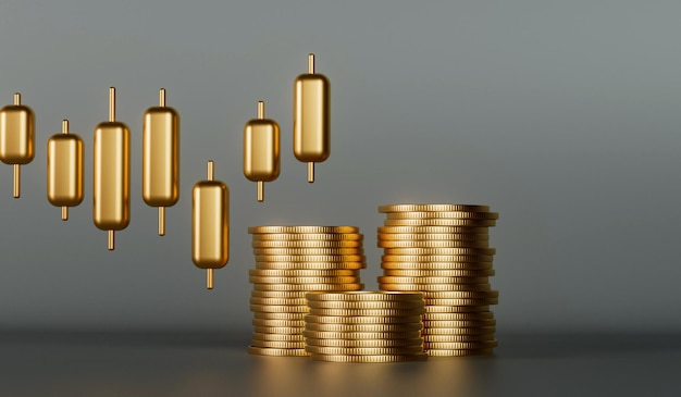 Graphique de négociation d'investissement en bourse d'or avec une pile de pièces d'or rendu 3D