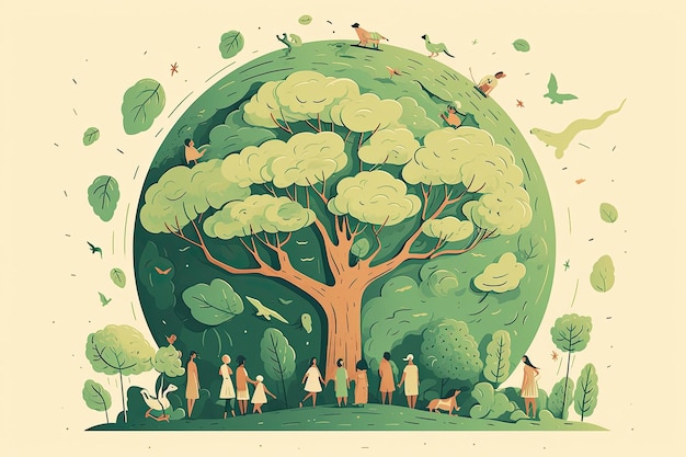 Un graphique de personnes sous un arbre avec les mots "sauver la terre" dessus