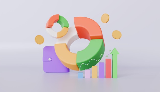 Graphique pie avec portefeuille et graphiques icônes du marché boursier concepts de données financières et de statistiques