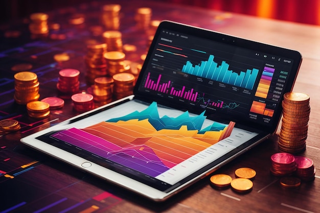 Graphique de rapport financier 3d analyse de données et concept de développement Web tablette avec graphique de données