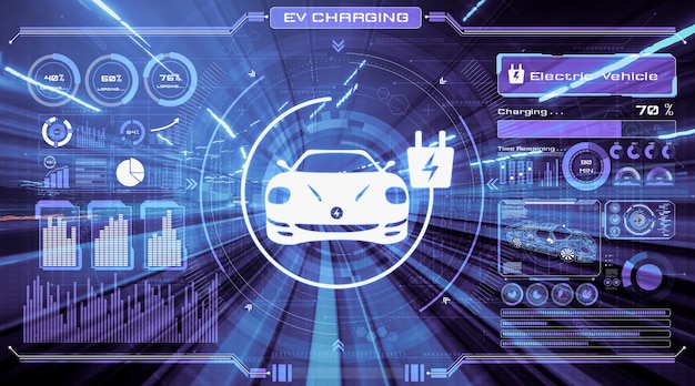 Graphique de réalité virtuelle de voiture électrique sur route dans une station de recharge EV à vitesse rapide