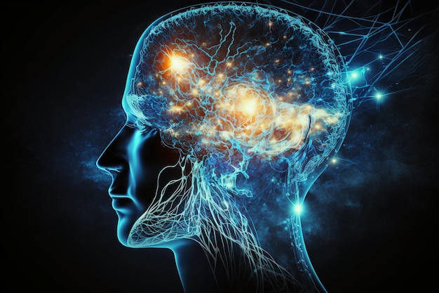 Un graphique représentant une tête humaine avec le cerveau mis en évidence.