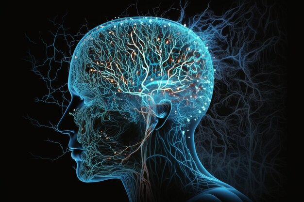 Un graphique représentant une tête humaine avec le cerveau mis en évidence.