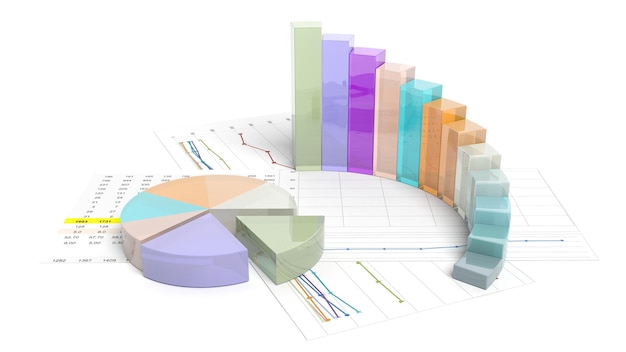 Graphique à secteurs et à barres d'affaires coloré isolé sur blanc