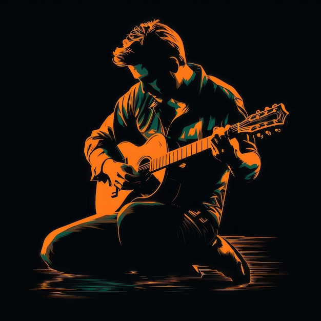 Graphique de t-shirt de guitariste dessiné à la main sur fond noir