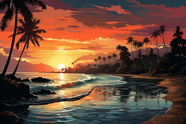 Graphique sur le thème des scènes inspirées de la nature Créer un coucher de soleil côtier tranquille