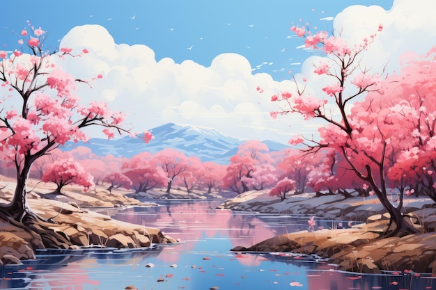 Graphique sur le thème des scènes inspirées de la nature Peignez un verger de cerisiers tranquille