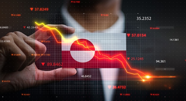 Graphique tombant devant le drapeau du Groenland. Concept de crise