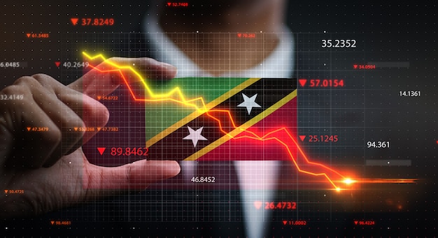 Graphique tombant devant le drapeau de Saint-Kitts-et-Nevis. Concept de crise