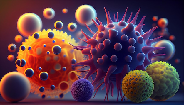 Un graphique d'un virus avec de nombreuses sphères de couleurs différentes à la surface.