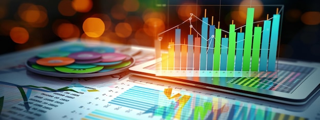 Graphiques d'affaires, graphiques et loupe sur la table Développement financier AI générative