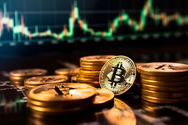Graphiques financiers de pièce de monnaie bitcoin doré crypto-monnaie générative ai