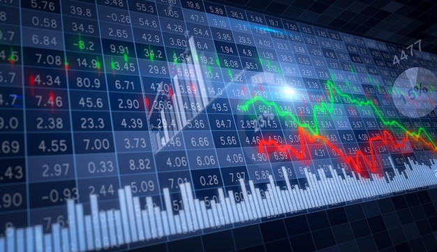 Photo graphiques mobiles verts et rouges et différents tableaux et colonnes financiers sur le fond d'un rendu 3d dynamique de la carte boursière