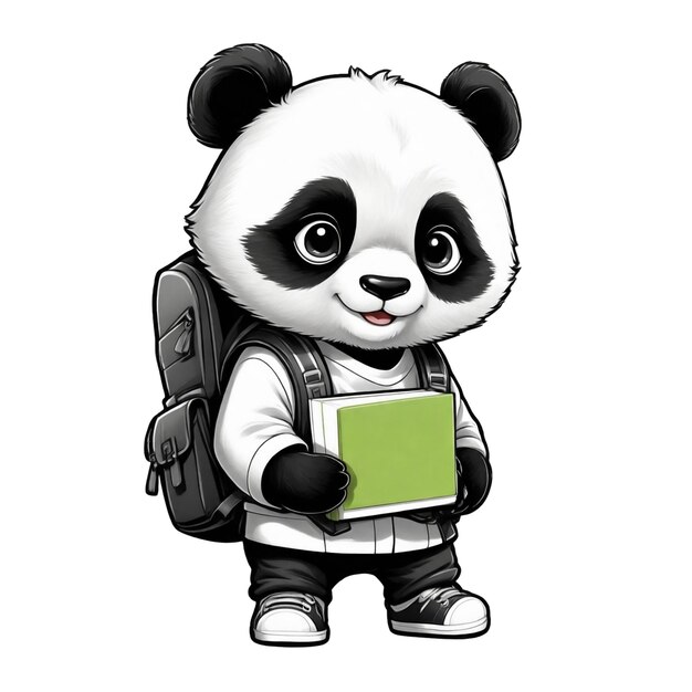 graphiques d'un ours panda mignon avec un livre et un sac à dos