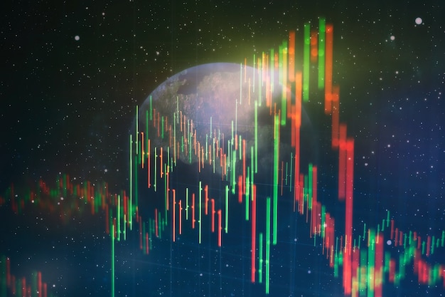 Graphiques de trading financier abstraits et numéro numérique sur moniteur. Fond de graphique numérique or et bleu pour représenter la tendance du marché boursier.