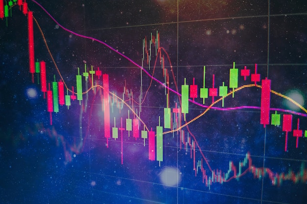 Graphiques de trading financier abstraits et numéro numérique sur moniteur. Fond de graphique numérique or et bleu pour représenter la tendance du marché boursier.