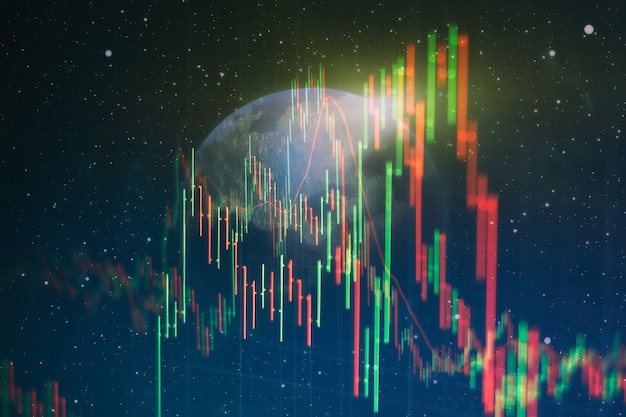 Graphiques de trading financier abstraits et numéro numérique sur moniteur. Fond de graphique numérique or et bleu pour représenter la tendance du marché boursier.