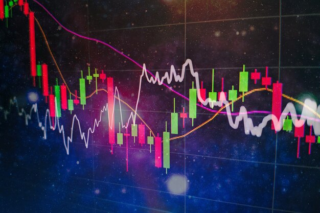 Graphiques de trading financier abstraits et numéro numérique sur moniteur. Fond de graphique numérique or et bleu pour représenter la tendance du marché boursier.
