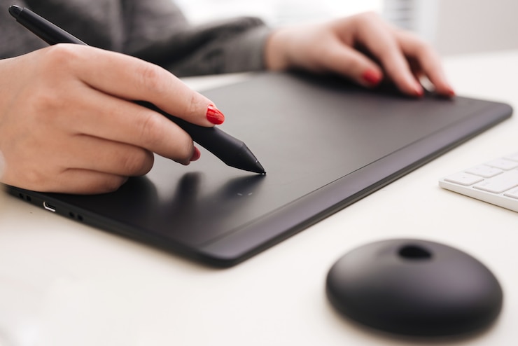 Photo graphiste travaillant avec une tablette de dessin numérique au bureau.