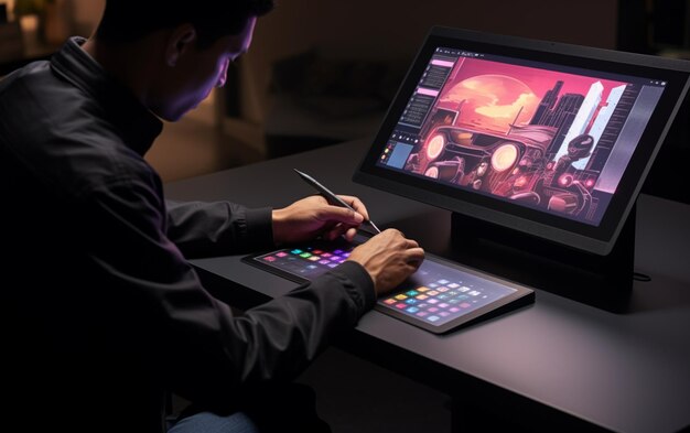 Graphiste travaillant avec une tablette de dessin numérique à écran interactif à stylet