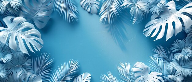 Graphite minimaliste feuilles blanches transparentes palmier sur fond bleu clair Vintage collage exotique plantes tropicales motif sans couture Chaos tropical Illustration moderne