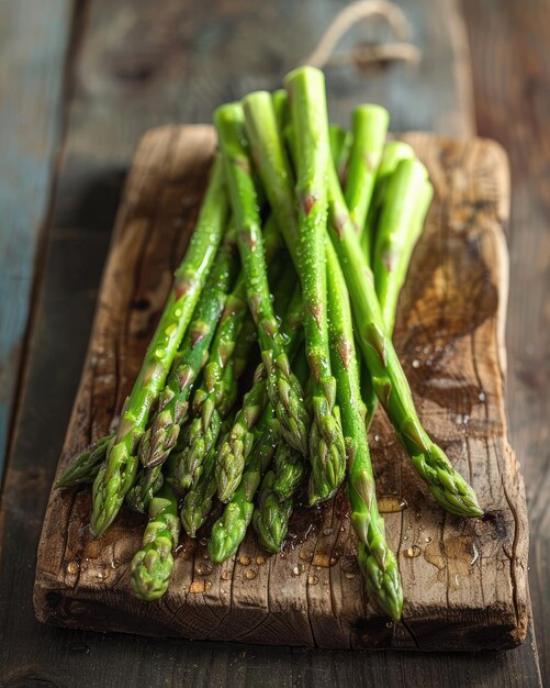 Une grappe d'asperges vertes sur une planche de bois