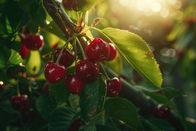 Une grappe de cerises rouges mûres est suspendue aux branches d'un arbre.