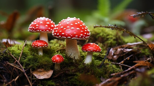 Photo une grappe de champignons rouges germe parmi la mousse dans l'environnement naturel