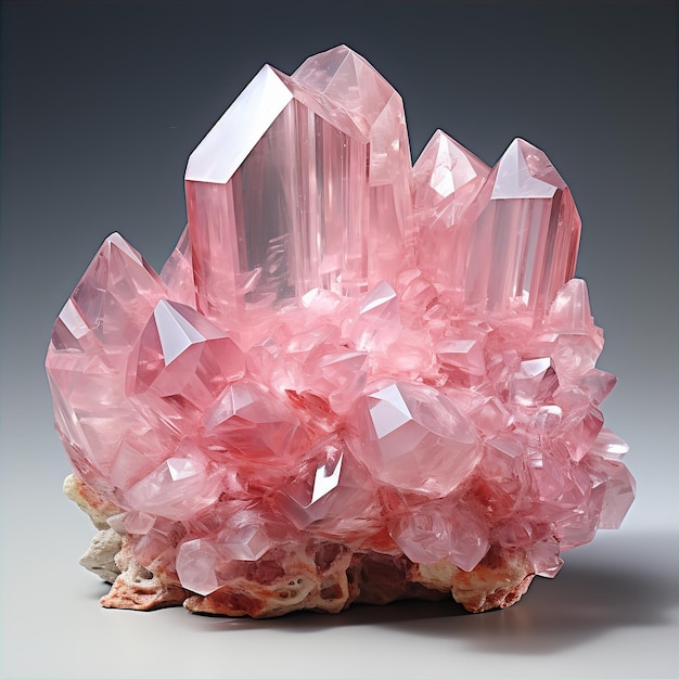 Grappe de cristaux de quartz de fraise rose avec un fond gris isolé