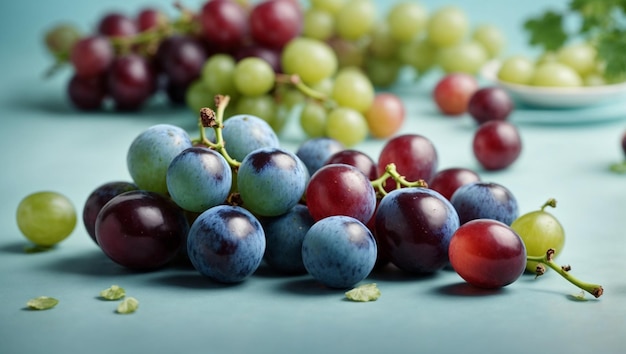 Photo grappe fraîche de raisins rouges foncés sur un fond bleu clair