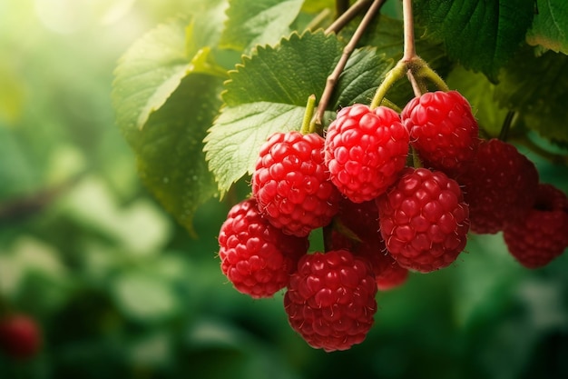 Une grappe de framboises reposant sur une branche d'arbre Generative AI