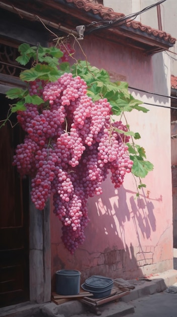 Une grappe de raisin accrochée à un mur rose