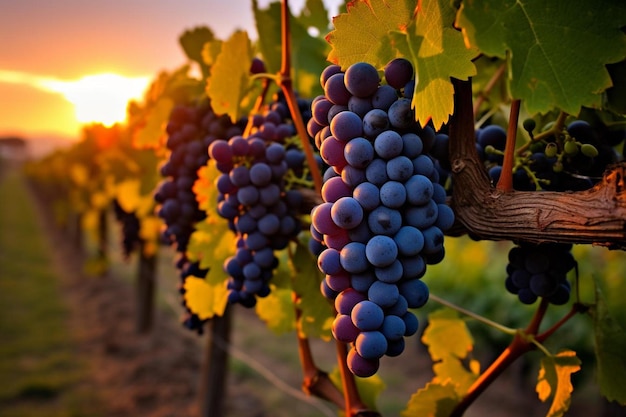 Une grappe de raisin est suspendue à une vigne.