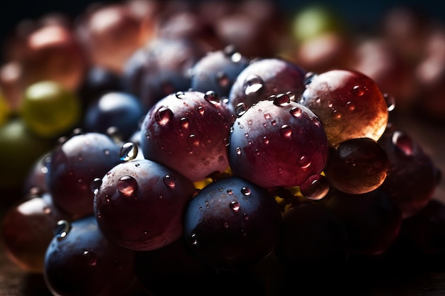 Une grappe de raisin avec des gouttelettes d'eau dessus