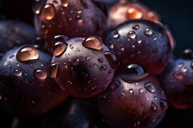 Une grappe de raisin avec des gouttelettes d'eau dessus