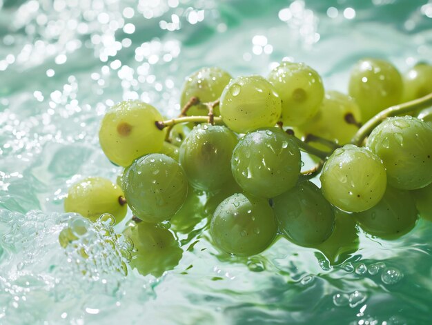 Une grappe de raisin avec des gouttes d'eau sur la surface de l'eau